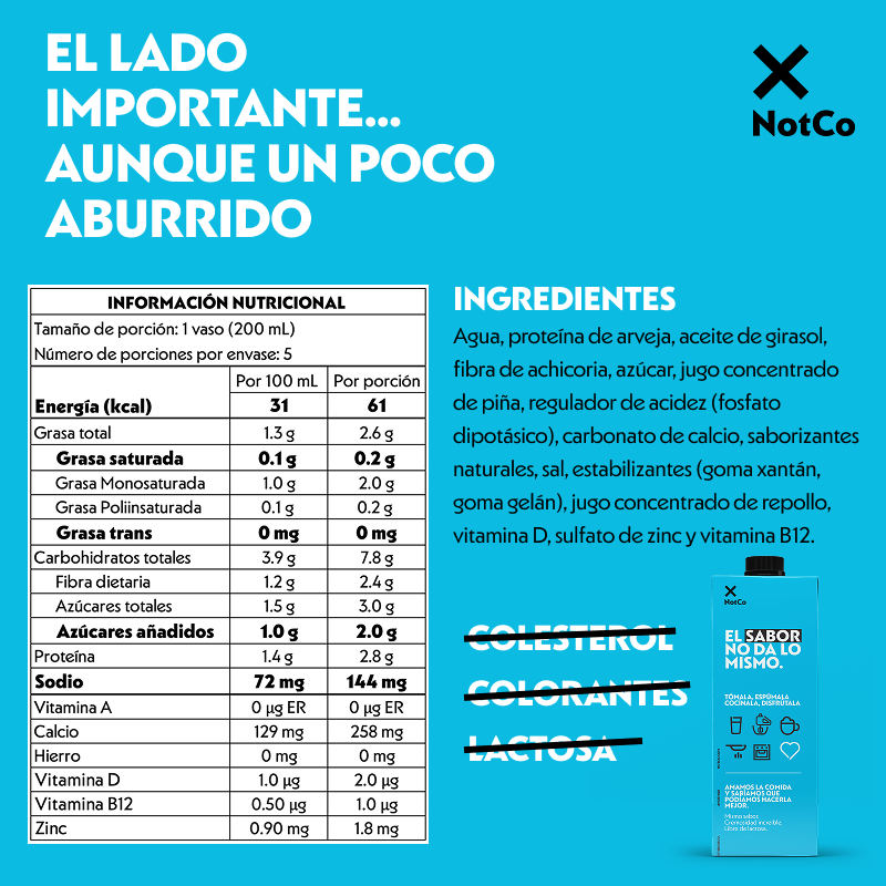 Tabla nutricional de Bebida Vegetal NotMilk Low Fat 1LT