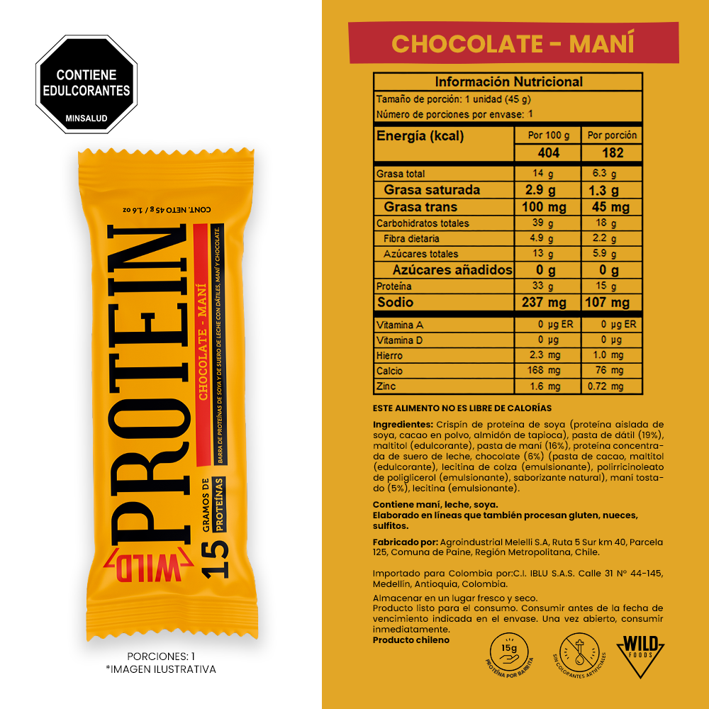 Tabla nutricional de Barra de Proteína Sabor Chocolate Maní Wild Protein 45 g