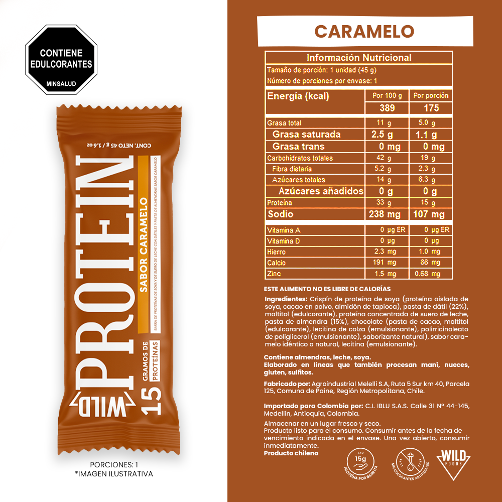 Tabla nutricional de Barra de Proteína Sabor Caramelo Wild Protein 45 g