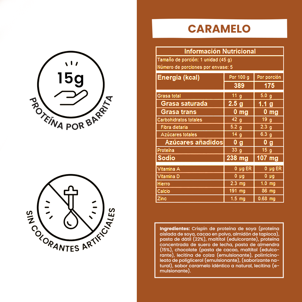 Tabla nutricional de Barra de Proteína Sabor Caramelo Wild Protein 45 g (5 unidades)