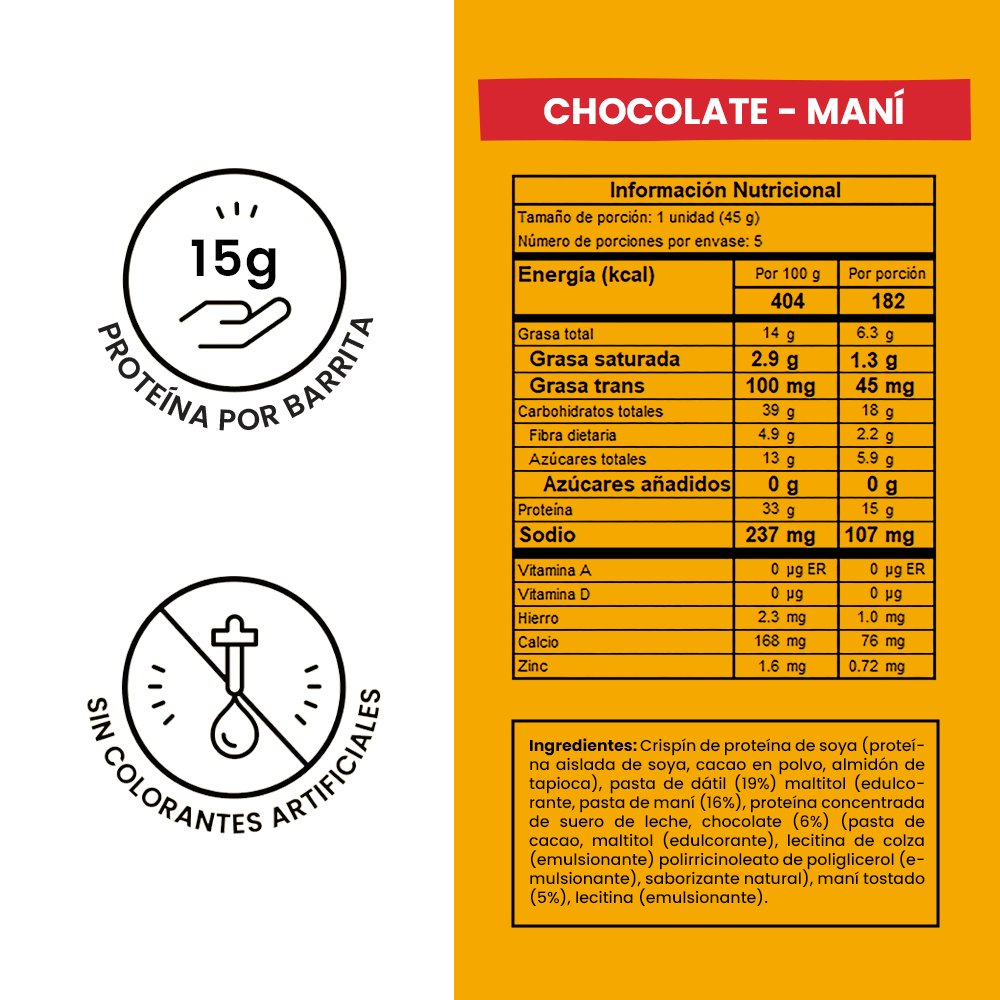 Tabla nutricional de Barra de Proteína Sabor Chocolate Maní Wild Protein 45 g (5 unidades)