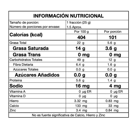 Tabla nutricional de Combo 3 PACK Chocolatina Cookies & Cream