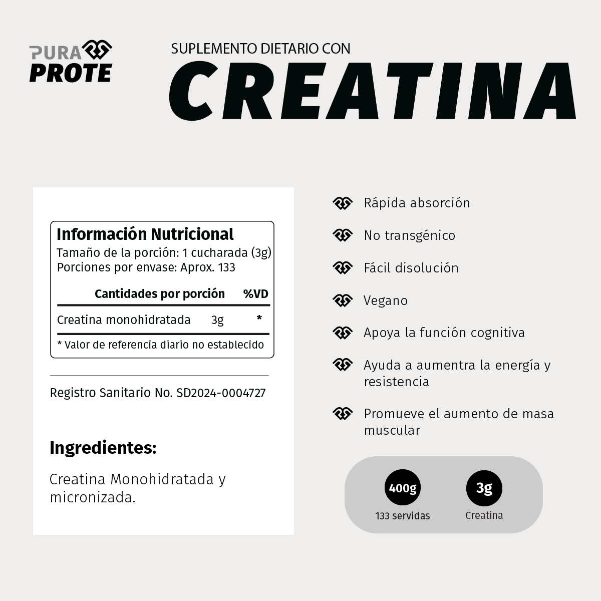 Tabla nutricional de Creatina Pura Prote 400 g