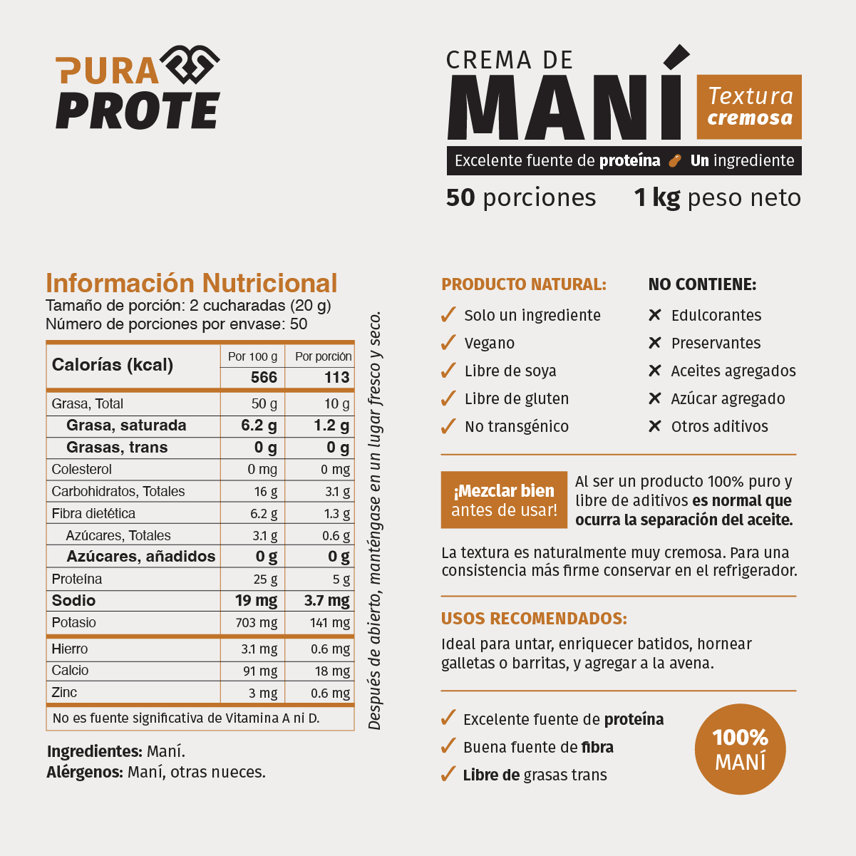 Tabla nutricional de Crema de Maní Pura Prote 1 kg