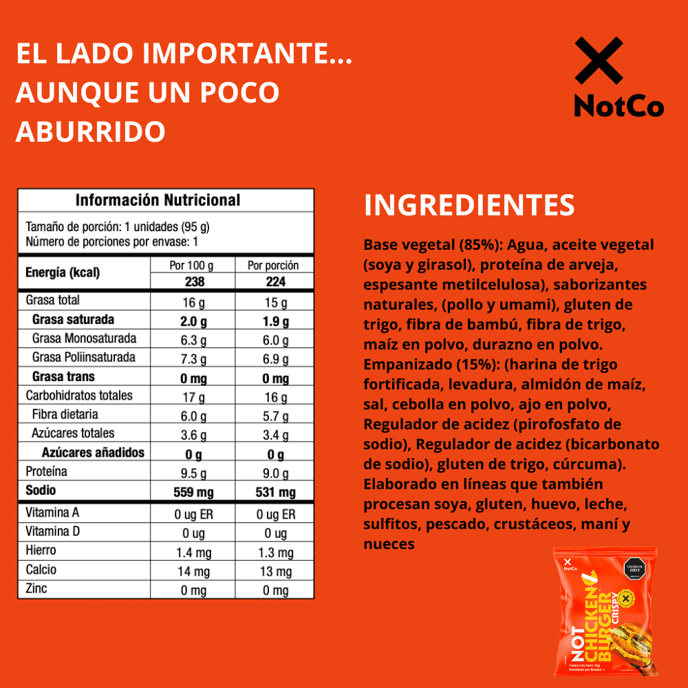 Tabla nutricional de NotChicken Burger Crispy 95g Hamburguesa Vegetal
