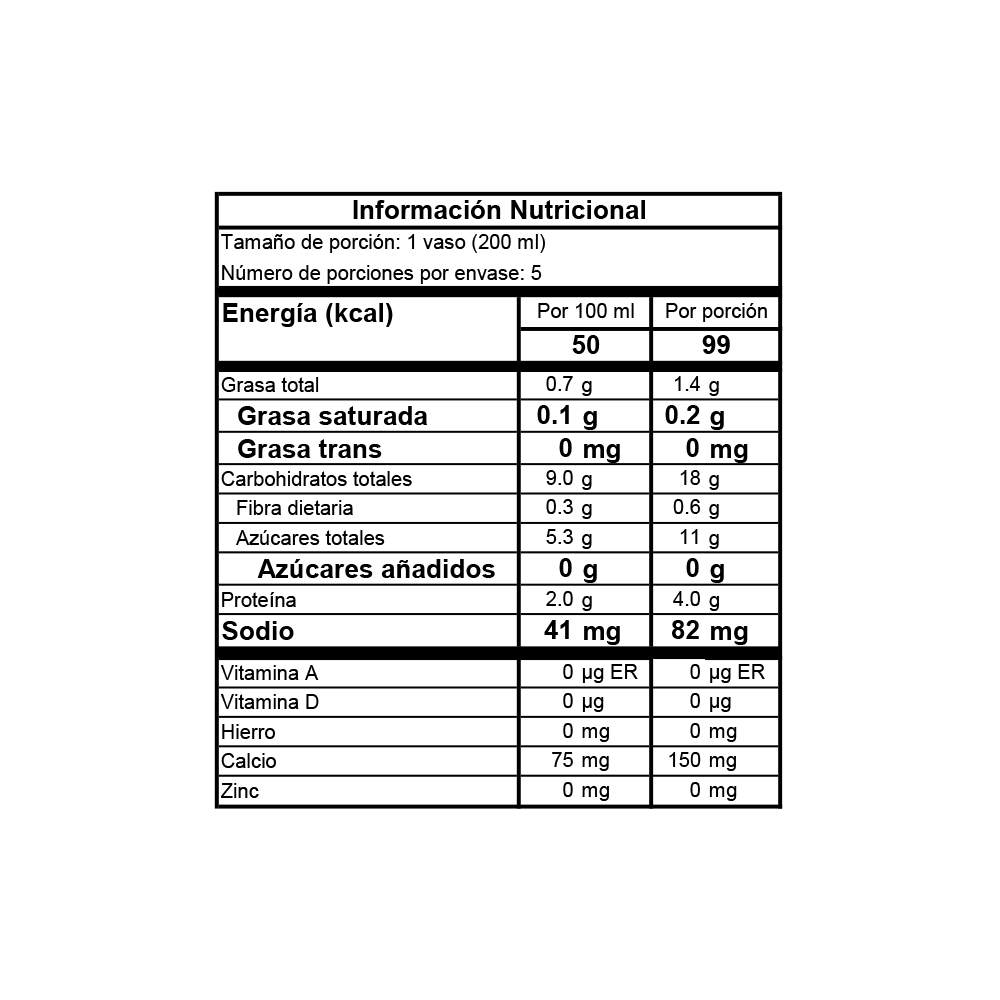 Tabla nutricional de Bebida de Avena Orgánica Vainilla Nude 1L