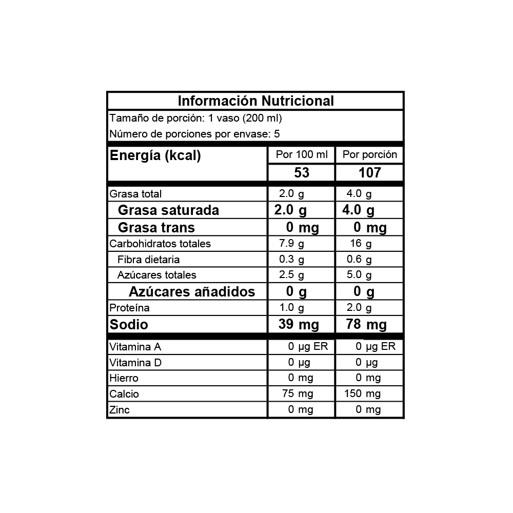 Tabla nutricional de Bebida de Avena Orgánica Integral Nude. 1L