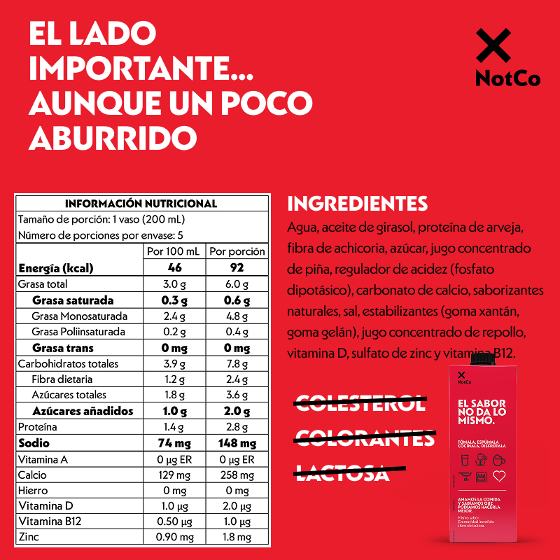 Tabla nutricional de Bebida Vegetal NotMilk Original 1LT