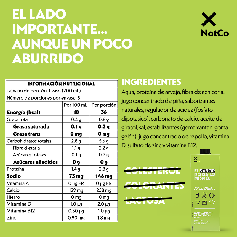 Tabla nutricional de Bebida Vegetal NotMilk Zero 1LT