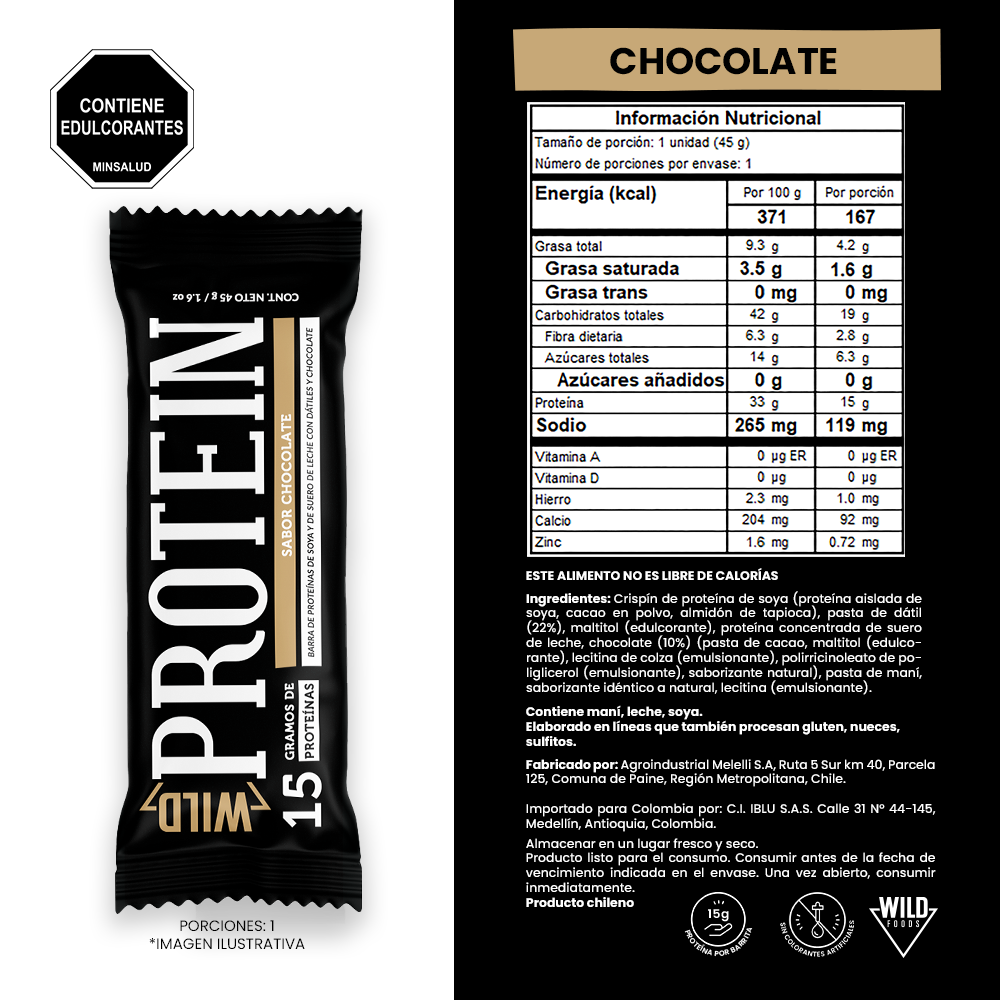 Tabla nutricional de Barra de Proteína Sabor Chocolate Wild Protein 45 g