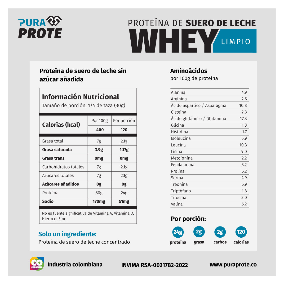 Tabla nutricional de Proteína Whey Limpio Pura Prote Sachet