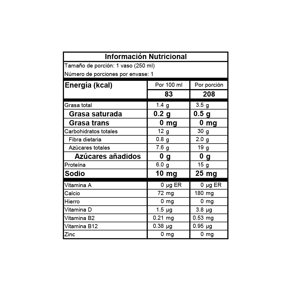 Tabla nutricional de Bebida de Avena con proteínas sabor vainilla y café Nude 250 ml