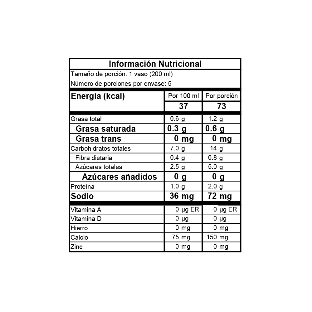 Tabla nutricional de Bebida de Avena Orgánica Desnatada Nude 1L